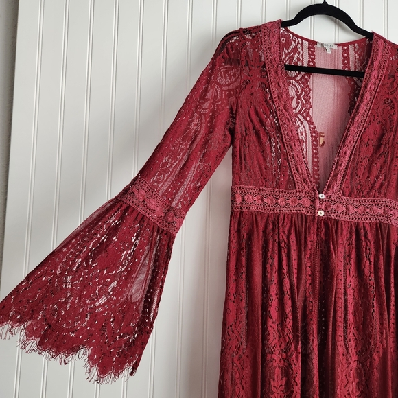 JODIFL Red Lace Long Sleeve Romantic Maxi Length Duster Cardigan Small - Picture 3 of 6
